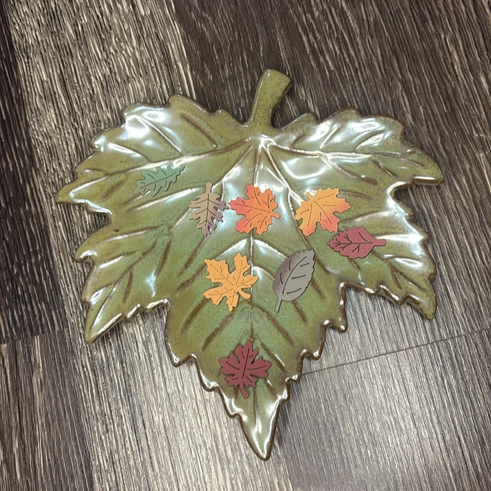 Fall Decor glass leaf plate with small wooden leaf cutouts